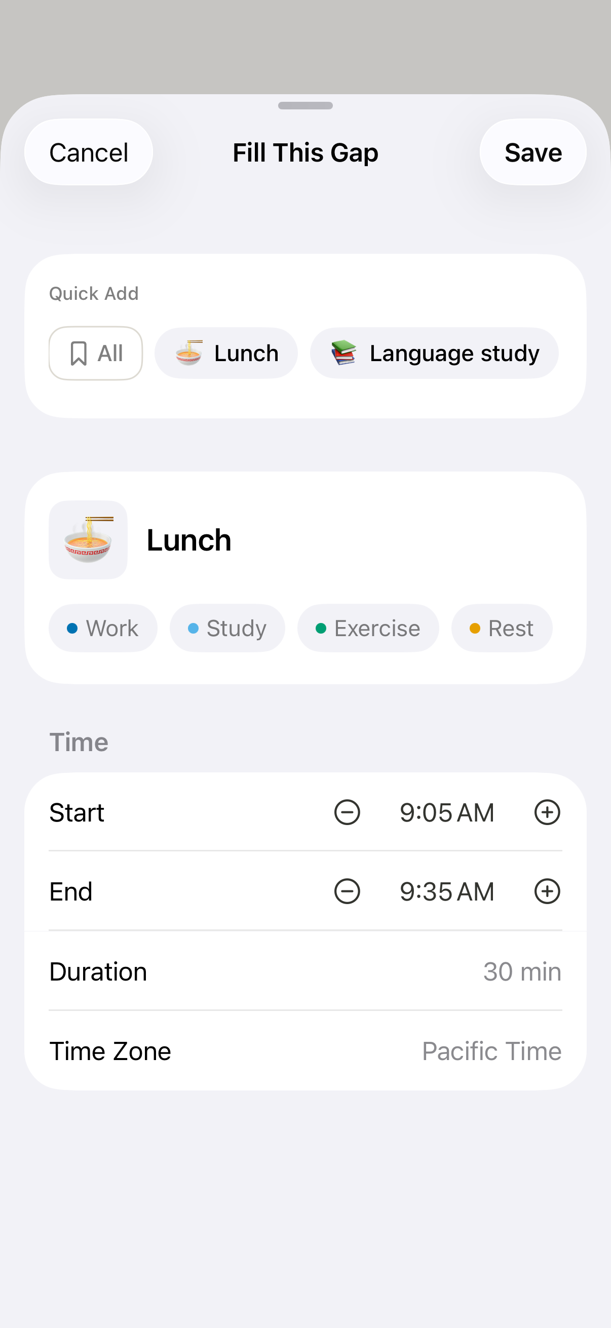 JustNow Fill This Gap form showing Lunch, activity categories, and editable start time, end time, and duration.