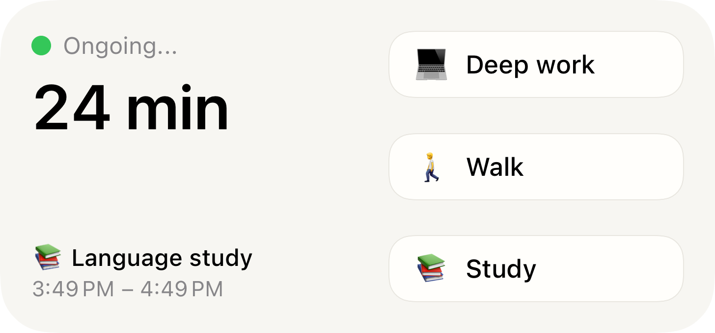 JustNow Home Screen widget showing 24 minutes since the last entry and Quick Add buttons for Deep work, Walk, and Study.