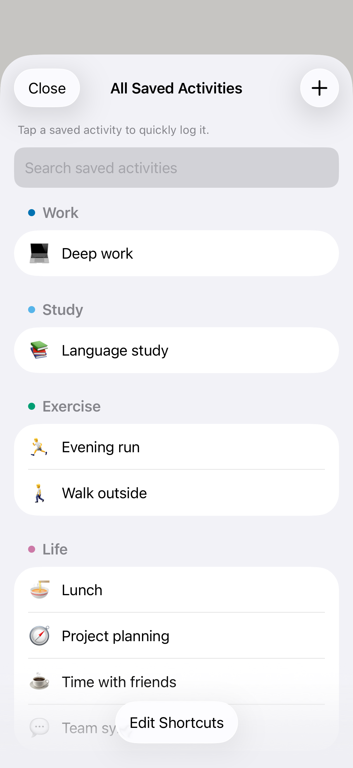 JustNow All Saved Activities: search the free unlimited library and tap an activity to log it.
