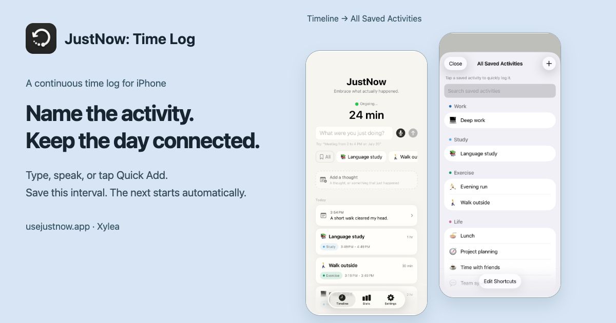JustNow: Time Log — continuous time logging and Quick Add on iPhone
